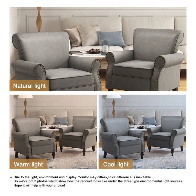 Faux Leather Accent Chairs with Rolled Arms and Nail Head Trim, Set of 2
