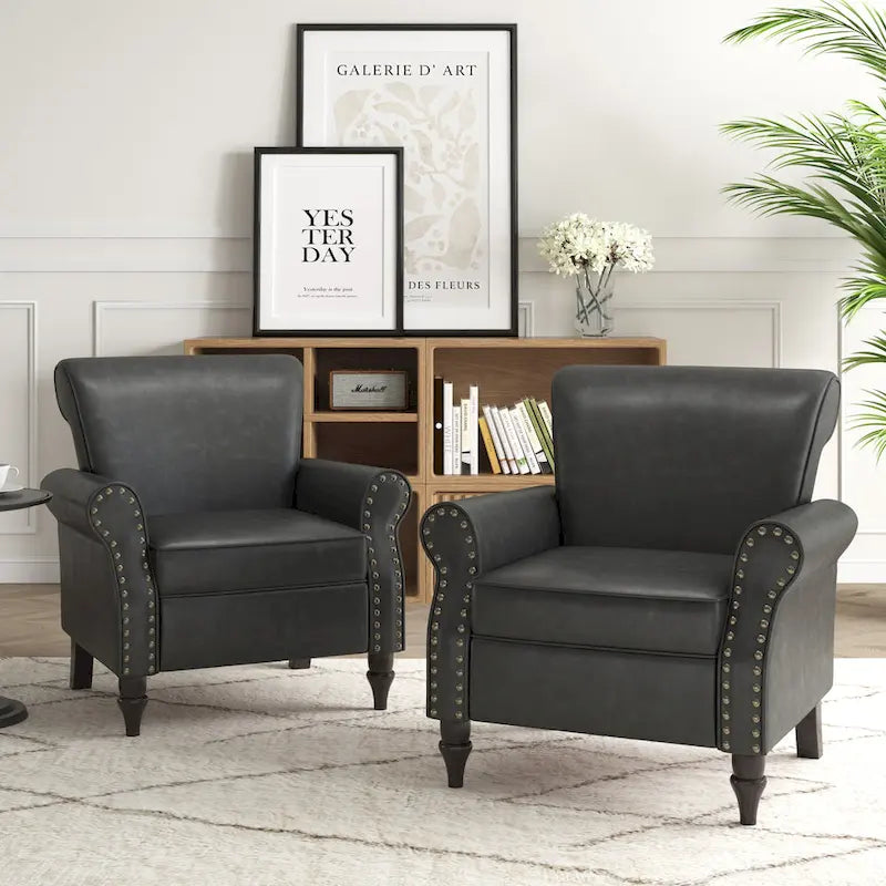 Faux Leather Accent Chairs with Rolled Arms and Nail Head Trim, Set of 2