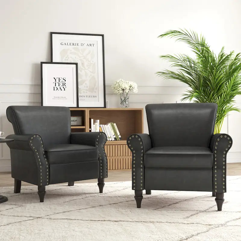 Faux Leather Accent Chairs with Rolled Arms and Nail Head Trim, Set of 2