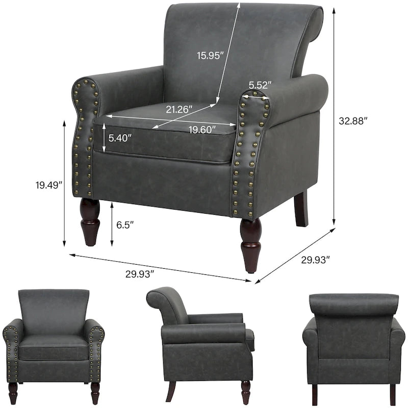 Faux Leather Accent Chairs with Rolled Arms and Nail Head Trim, Set of 2