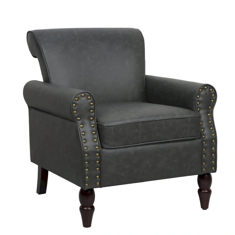 Faux Leather Accent Chairs with Rolled Arms and Nail Head Trim, Set of 2