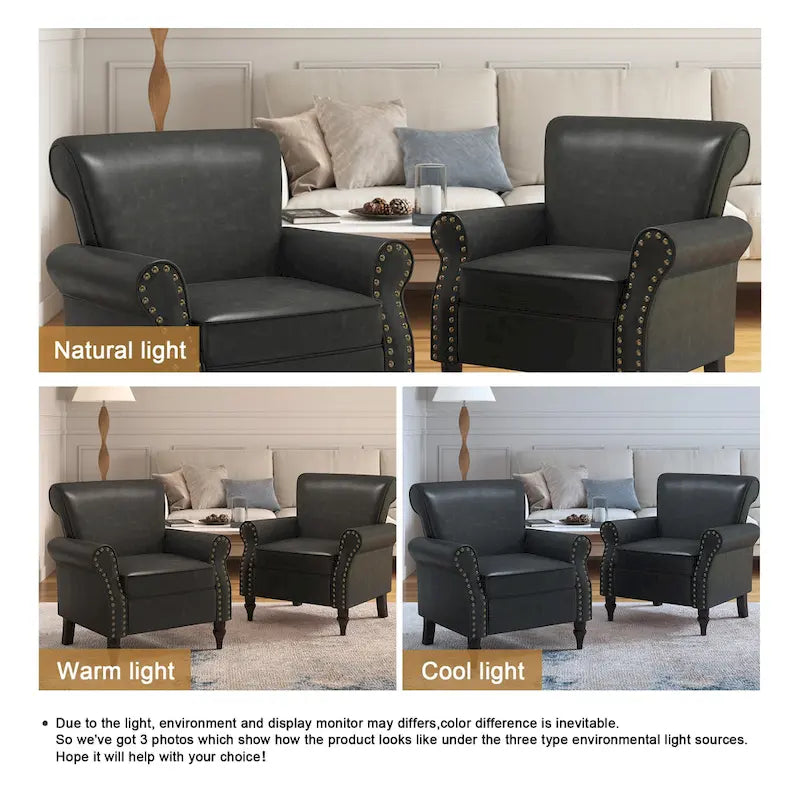 Faux Leather Accent Chairs with Rolled Arms and Nail Head Trim, Set of 2