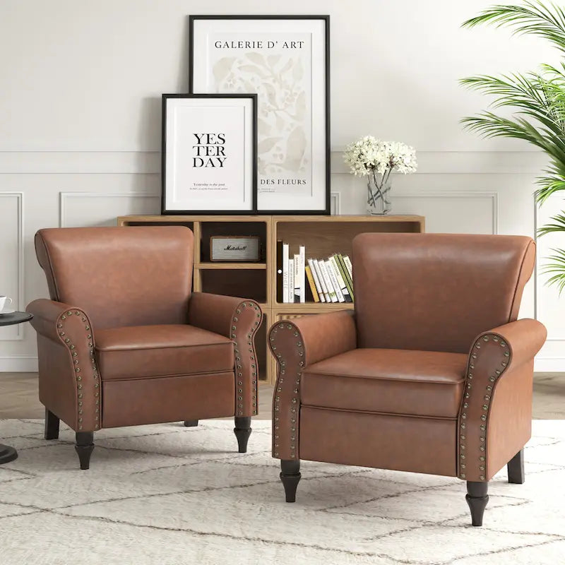 Faux Leather Accent Chairs with Rolled Arms and Nail Head Trim, Set of 2