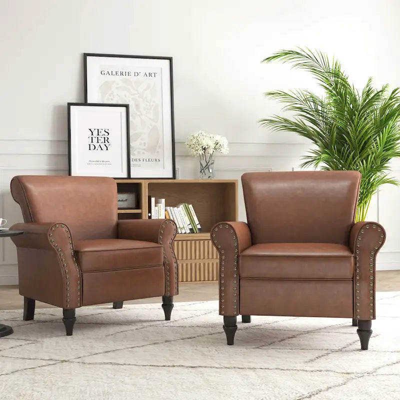 Faux Leather Accent Chairs with Rolled Arms and Nail Head Trim, Set of 2
