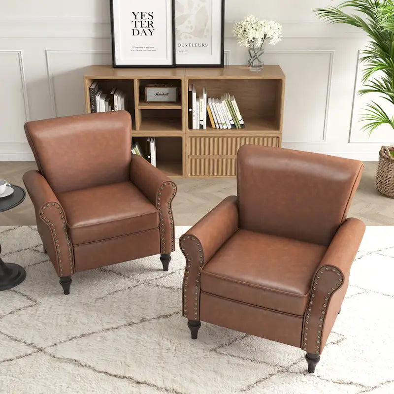 Faux Leather Accent Chairs with Rolled Arms and Nail Head Trim, Set of 2
