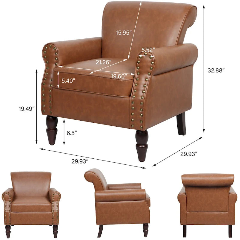 Faux Leather Accent Chairs with Rolled Arms and Nail Head Trim, Set of 2