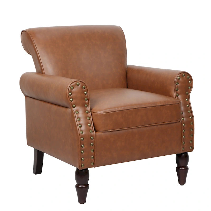 Faux Leather Accent Chairs with Rolled Arms and Nail Head Trim, Set of 2