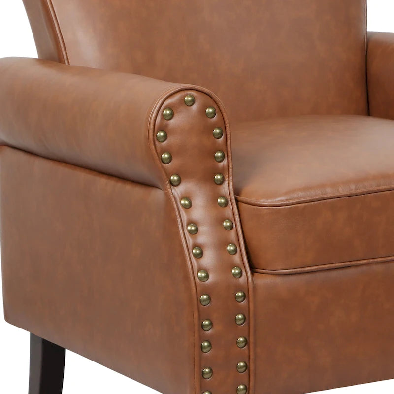 Faux Leather Accent Chairs with Rolled Arms and Nail Head Trim, Set of 2