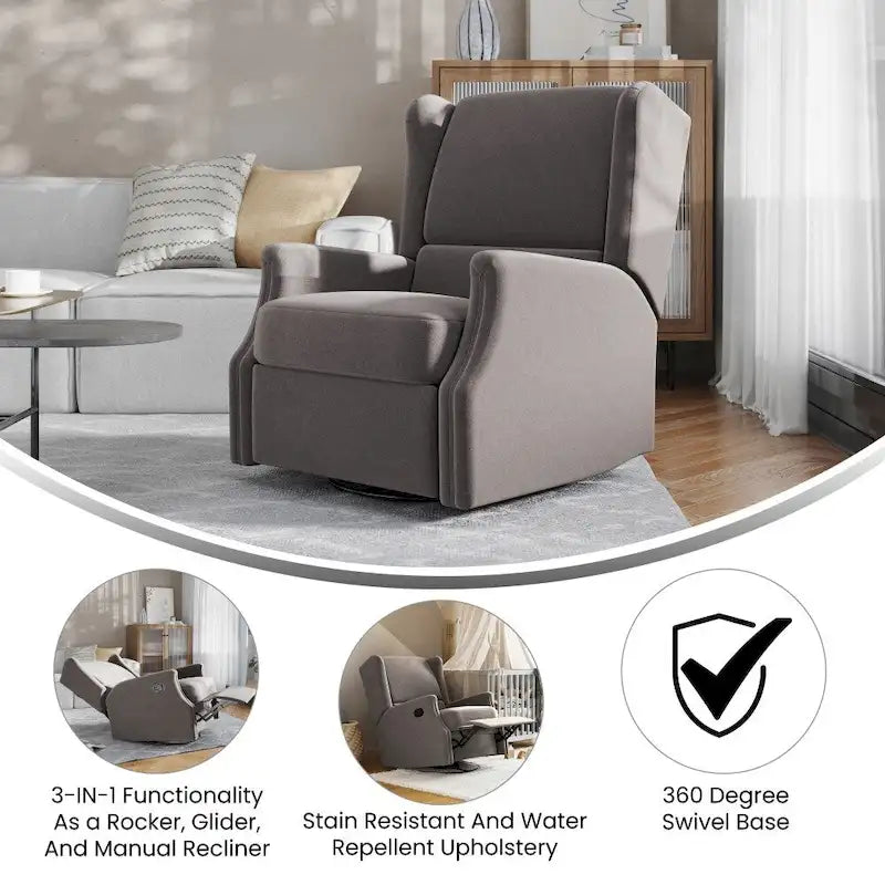 Wingback Manual Recliner Rocking Swivel Glider Chair, 3-Position, 360 Degree