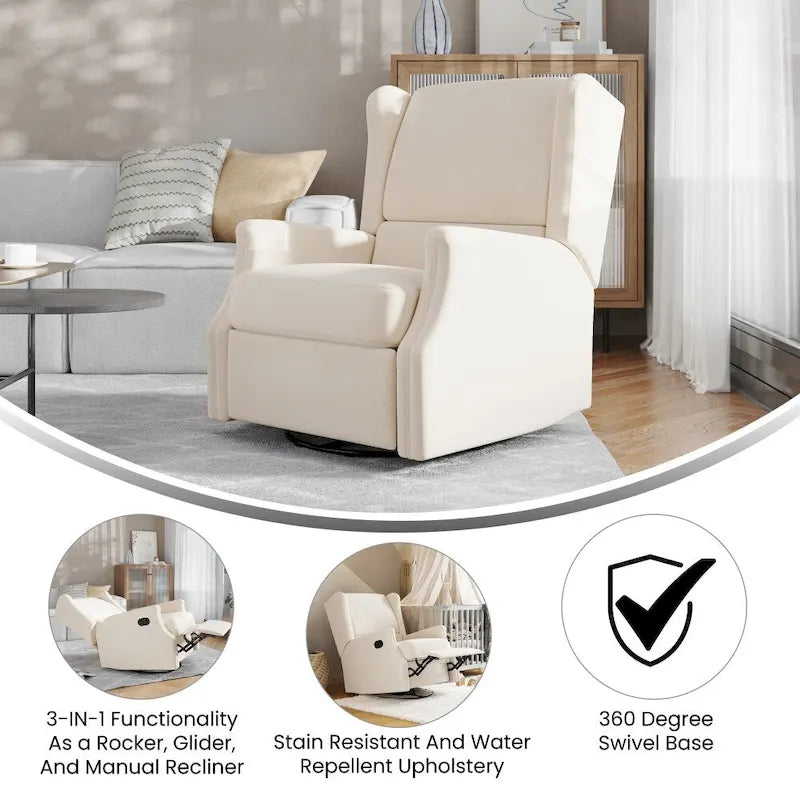 Wingback Manual Recliner Rocking Swivel Glider Chair, 3-Position, 360 Degree