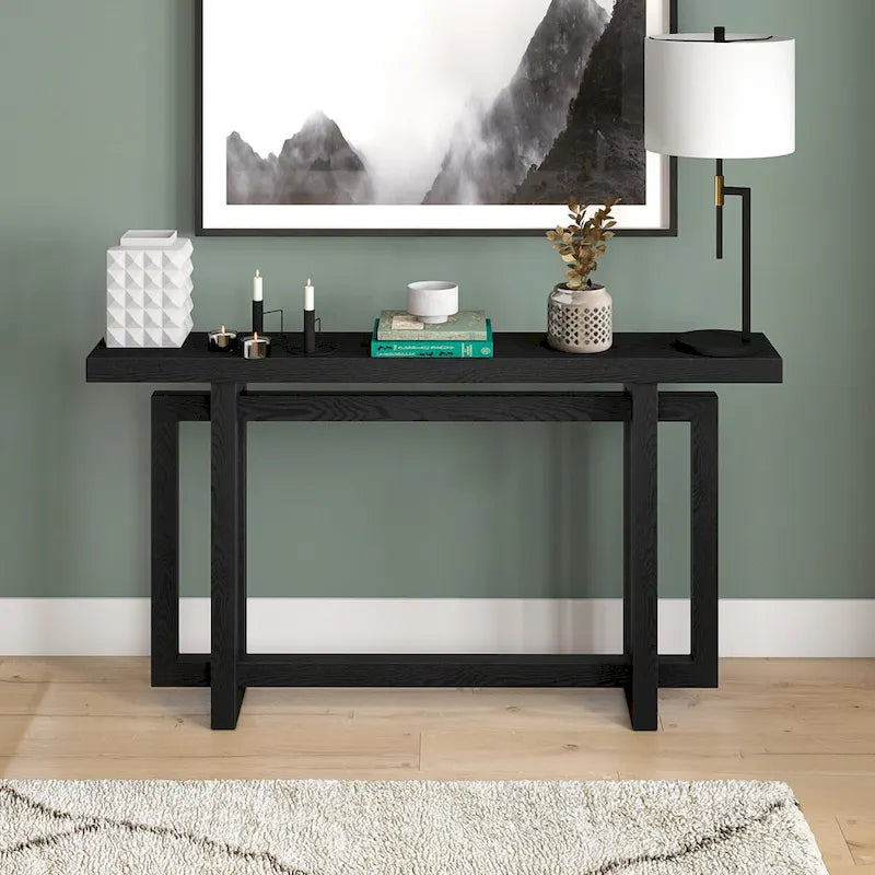 55-Inch Rectangular Console Table with Wood-Look Finish and Geometric Base