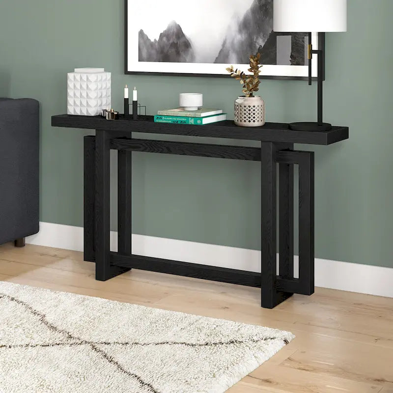 55-Inch Rectangular Console Table with Wood-Look Finish and Geometric Base