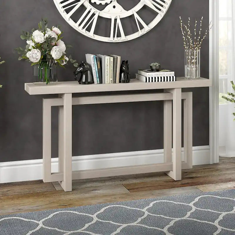 55-Inch Rectangular Console Table with Wood-Look Finish and Geometric Base