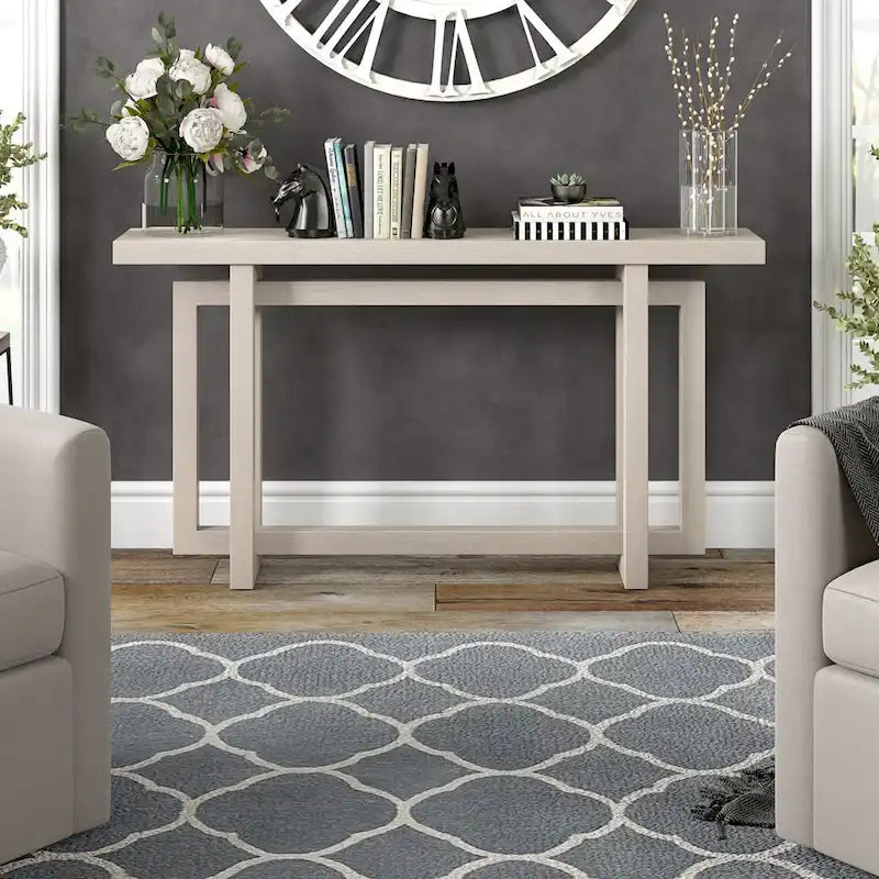 55-Inch Rectangular Console Table with Wood-Look Finish and Geometric Base