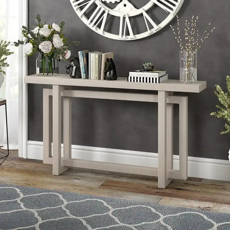55-Inch Rectangular Console Table with Wood-Look Finish and Geometric Base