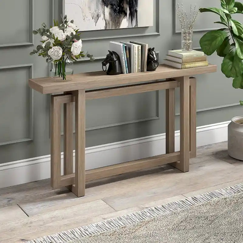 55-Inch Rectangular Console Table with Wood-Look Finish and Geometric Base
