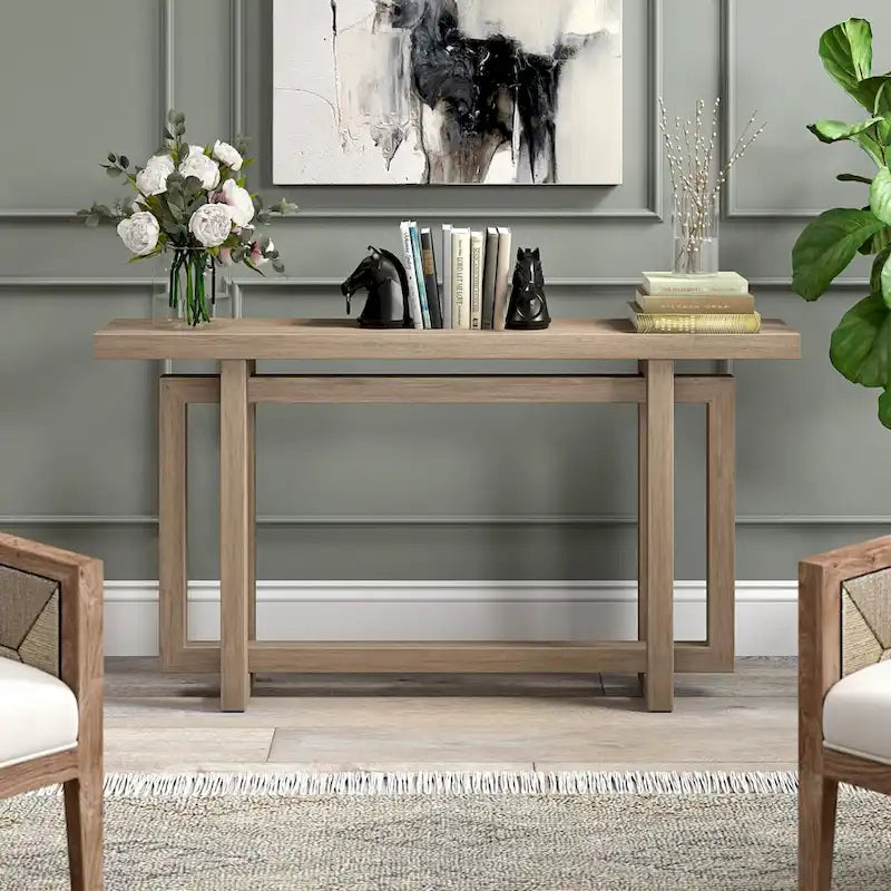 55-Inch Rectangular Console Table with Wood-Look Finish and Geometric Base