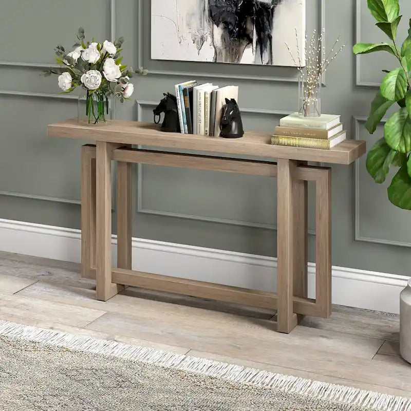 55-Inch Rectangular Console Table with Wood-Look Finish and Geometric Base