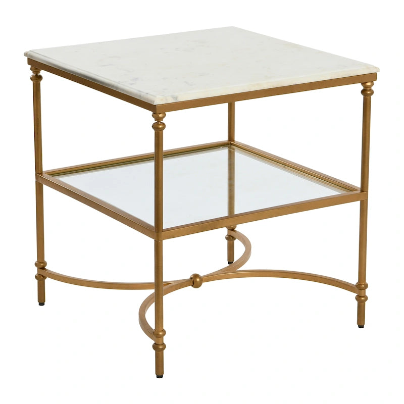 Genuine Marble Top Square End Table with Iron Legs and Glass Lower Shelf
