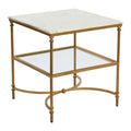 Genuine Marble Top Square End Table with Iron Legs and Glass Lower Shelf