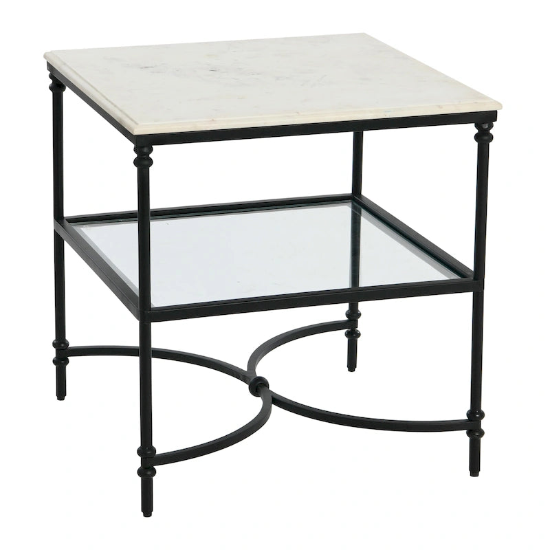 Genuine Marble Top Square End Table with Iron Legs and Glass Lower Shelf