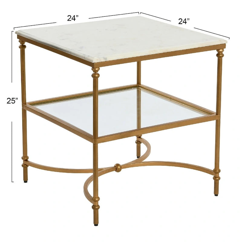 Genuine Marble Top Square End Table with Iron Legs and Glass Lower Shelf