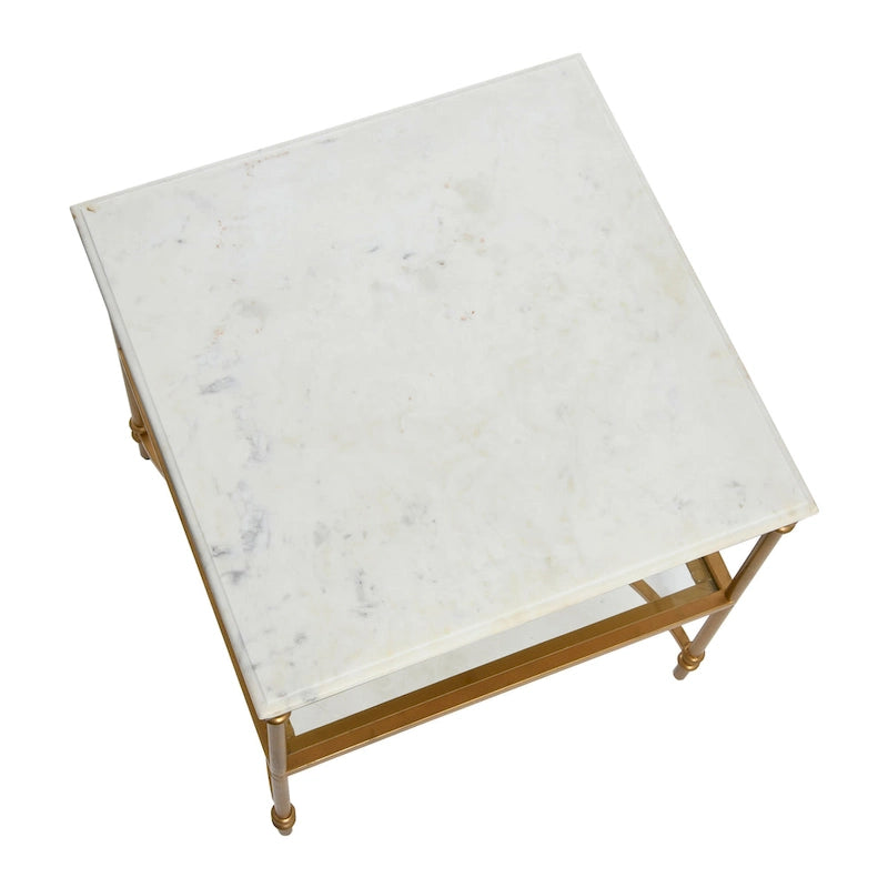 Genuine Marble Top Square End Table with Iron Legs and Glass Lower Shelf