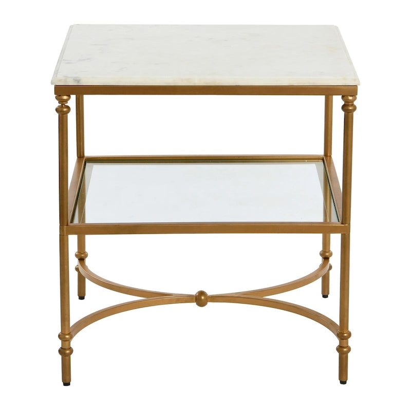 Genuine Marble Top Square End Table with Iron Legs and Glass Lower Shelf