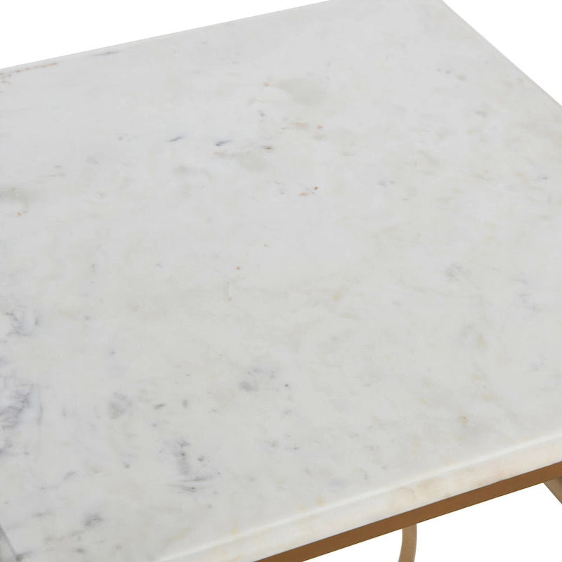 Genuine Marble Top Square End Table with Iron Legs and Glass Lower Shelf