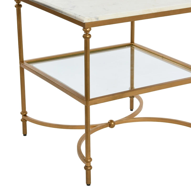 Genuine Marble Top Square End Table with Iron Legs and Glass Lower Shelf