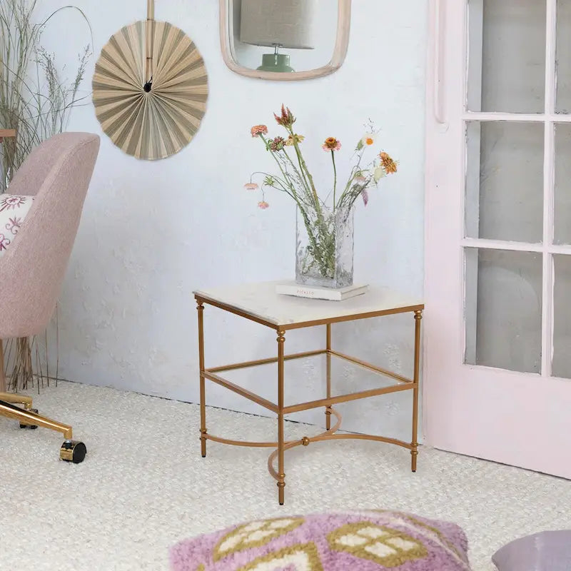 Genuine Marble Top Square End Table with Iron Legs and Glass Lower Shelf