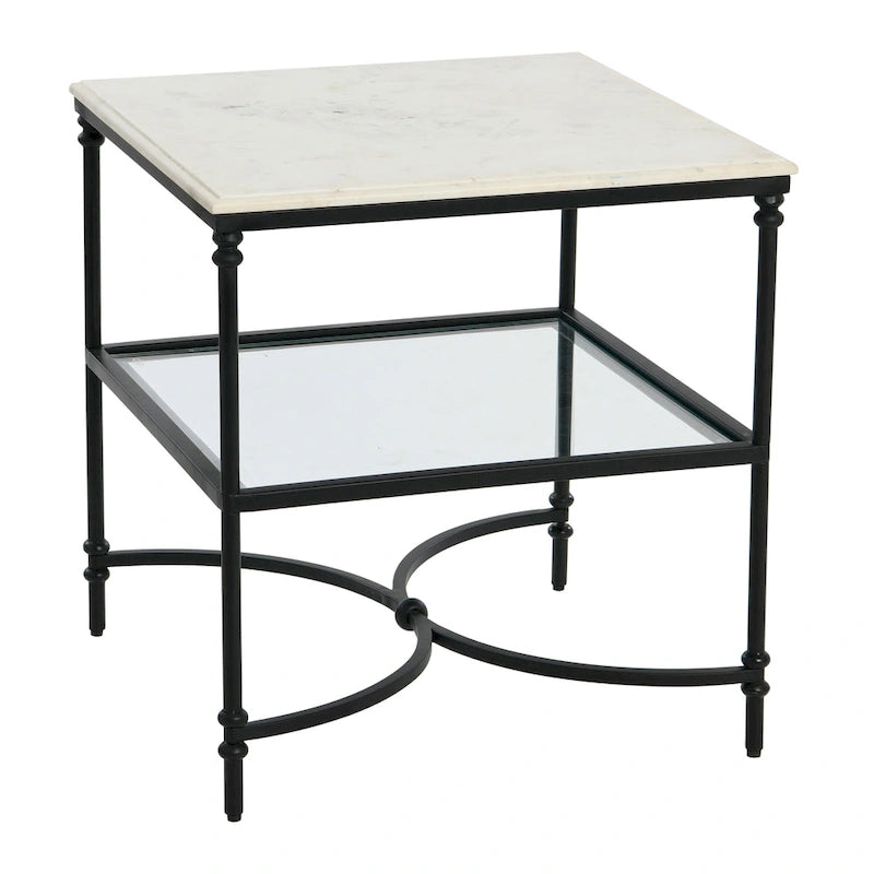 Genuine Marble Top Square End Table with Iron Legs and Glass Lower Shelf