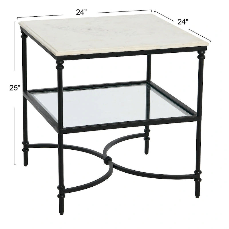 Genuine Marble Top Square End Table with Iron Legs and Glass Lower Shelf