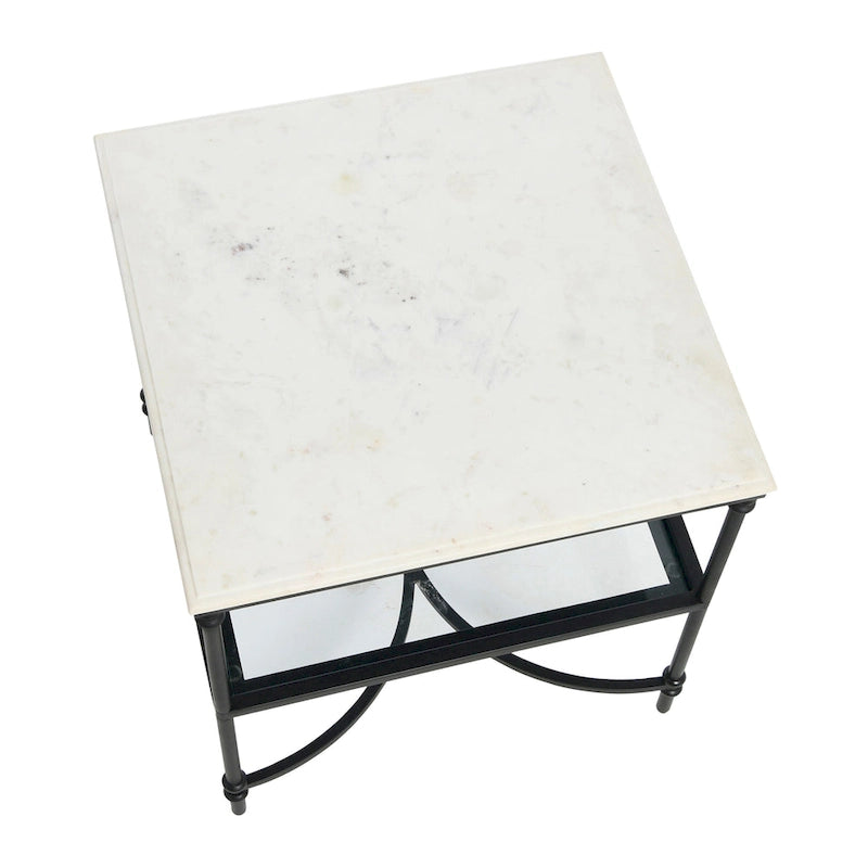 Genuine Marble Top Square End Table with Iron Legs and Glass Lower Shelf