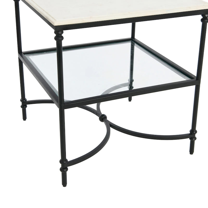 Genuine Marble Top Square End Table with Iron Legs and Glass Lower Shelf