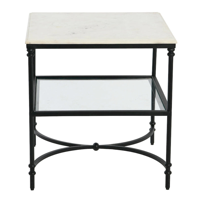 Genuine Marble Top Square End Table with Iron Legs and Glass Lower Shelf