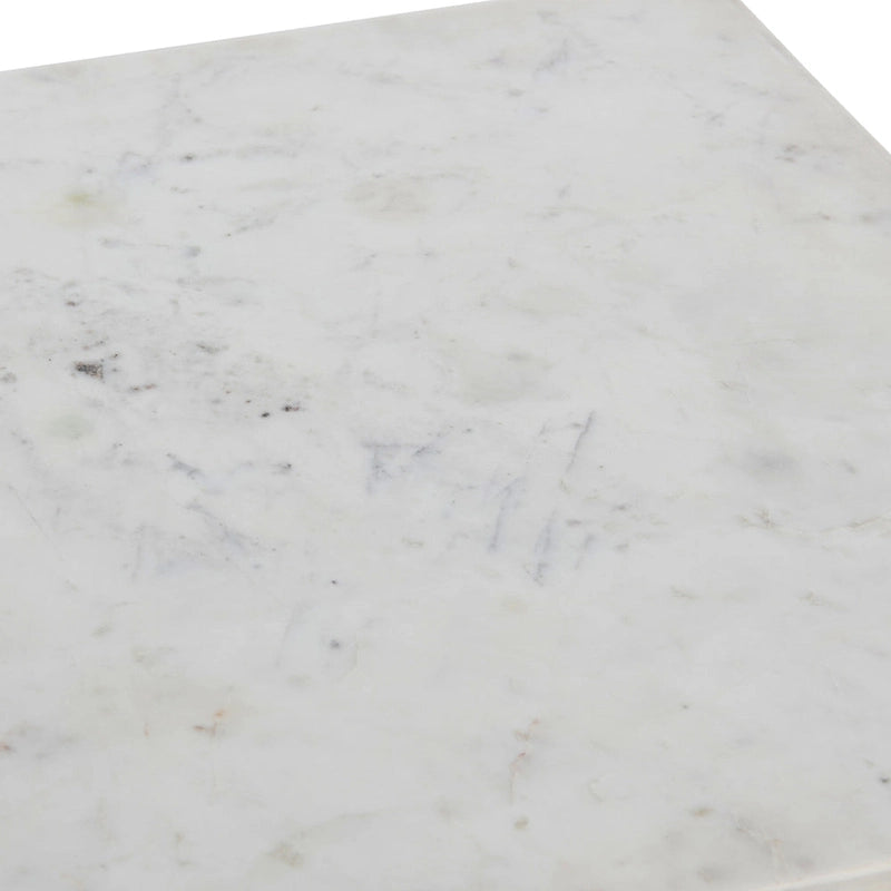 Genuine Marble Top Square End Table with Iron Legs and Glass Lower Shelf