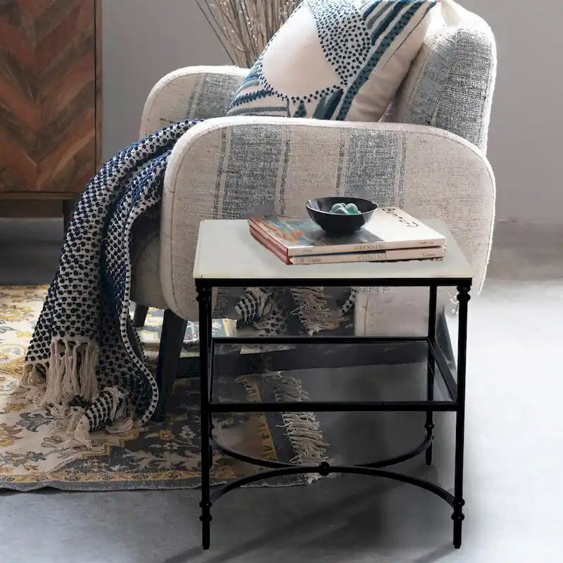 Genuine Marble Top Square End Table with Iron Legs and Glass Lower Shelf