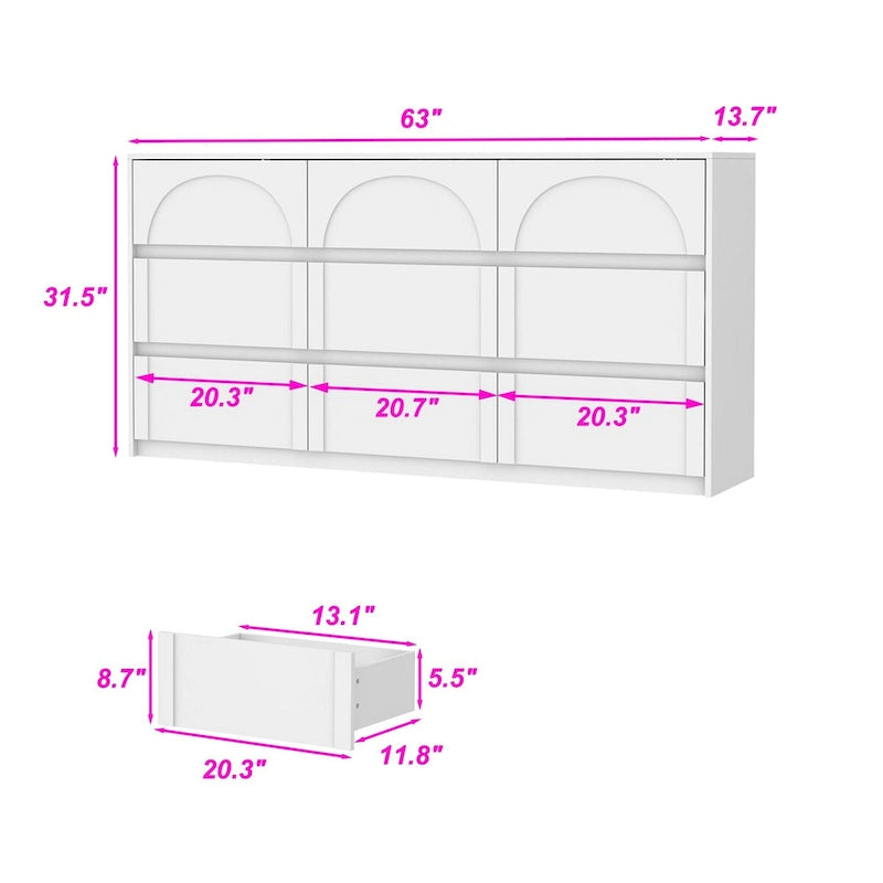 6-Drawer Dresser with Arch-Front Drawers, White Finish, 63-Inch Wide