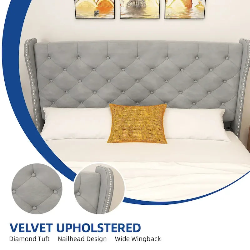King Velvet Tufted Wingback Platform Bed Frame with Headboard and Footboard