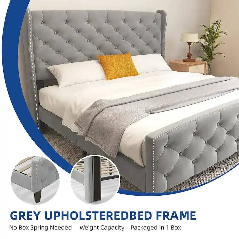King Velvet Tufted Wingback Platform Bed Frame with Headboard and Footboard