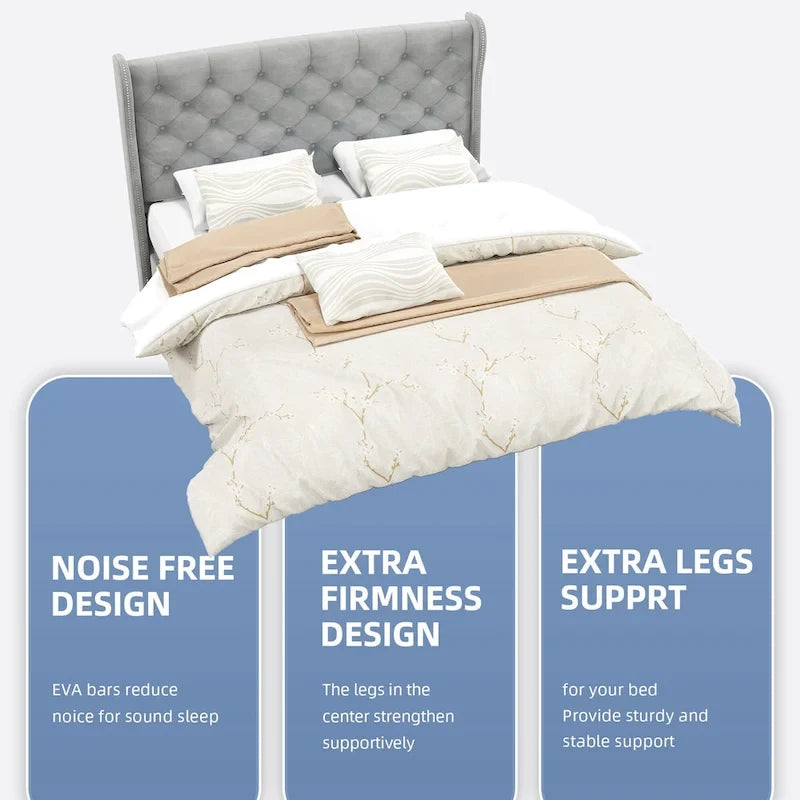 King Velvet Tufted Wingback Platform Bed Frame with Headboard and Footboard