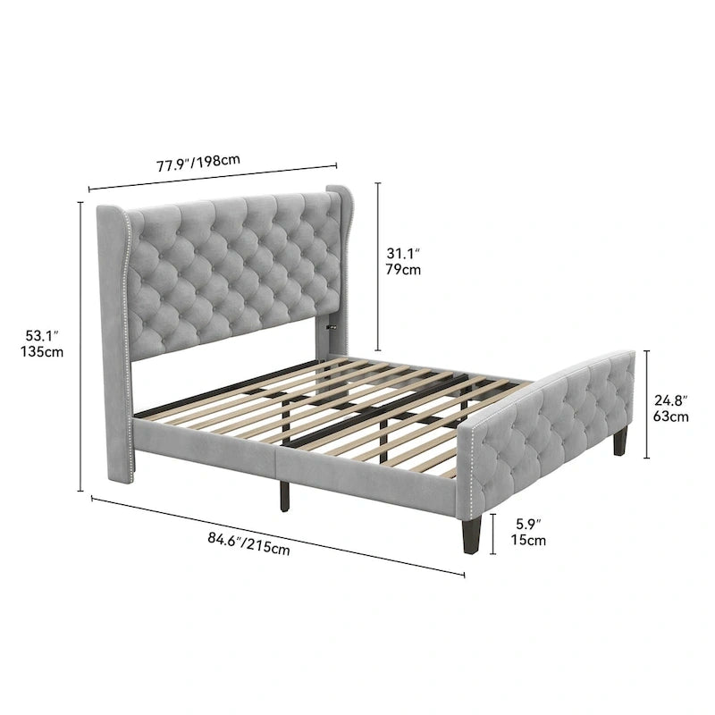 King Velvet Tufted Wingback Platform Bed Frame with Headboard and Footboard