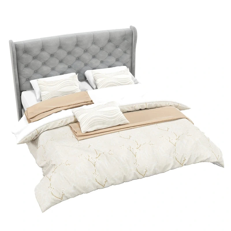 King Velvet Tufted Wingback Platform Bed Frame with Headboard and Footboard