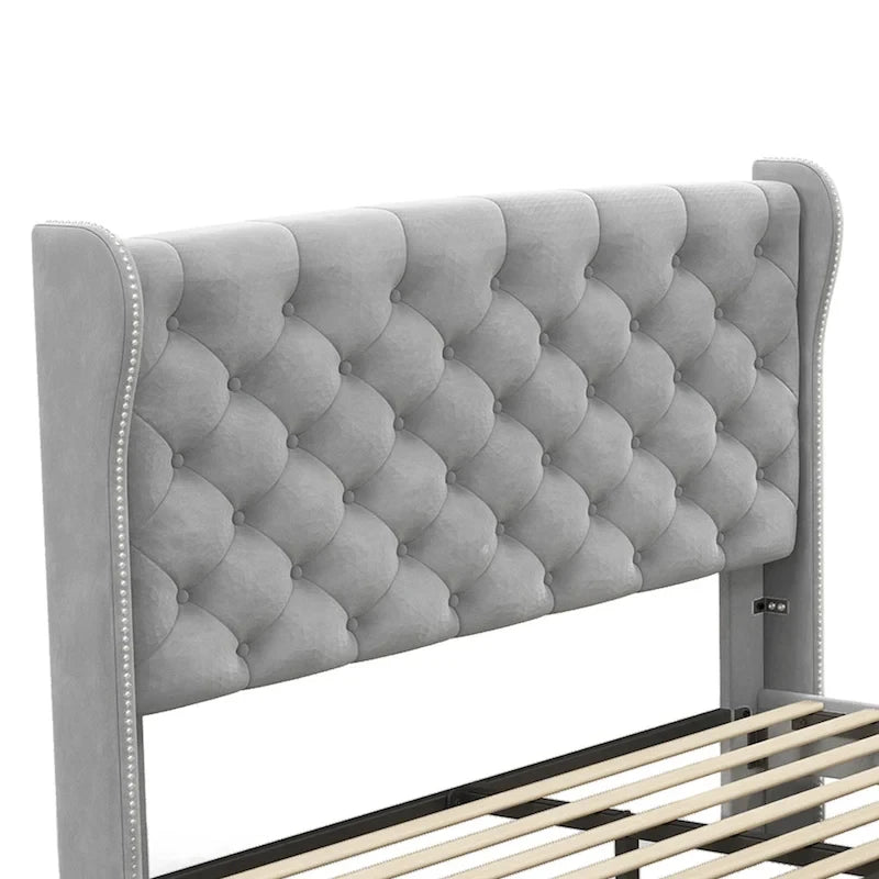 King Velvet Tufted Wingback Platform Bed Frame with Headboard and Footboard