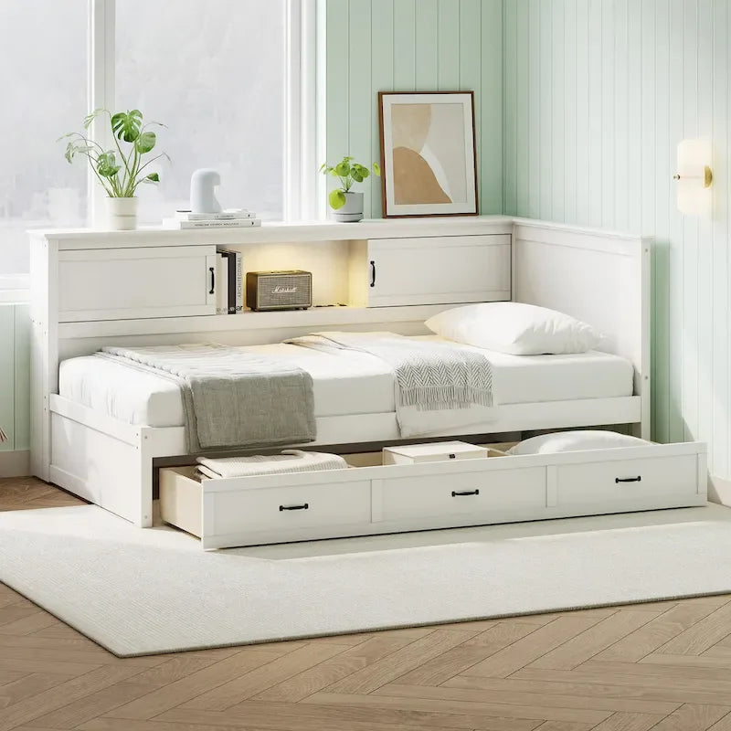 L-Shaped Bed Frame with 3 Drawers, Bookcase, LED Light and USB Charging Port
