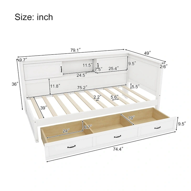 L-Shaped Bed Frame with 3 Drawers, Bookcase, LED Light and USB Charging Port