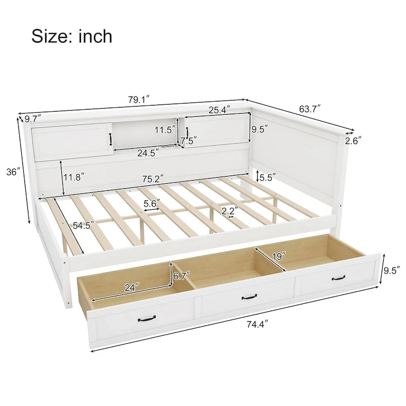 L-Shaped Bed Frame with 3 Drawers, Bookcase, LED Light and USB Charging Port