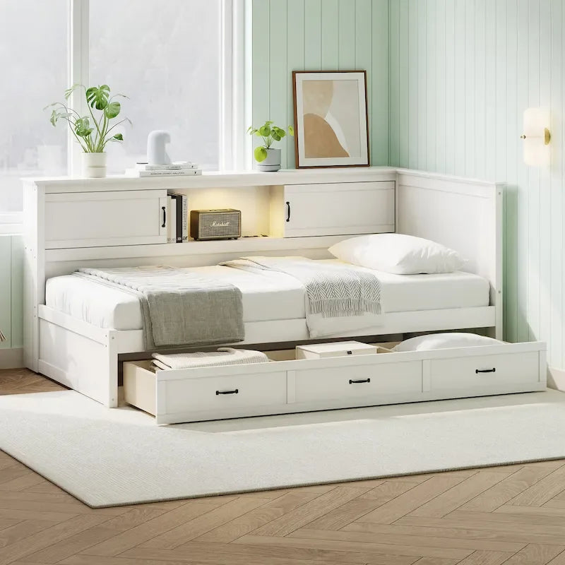 L-Shaped Bed Frame with 3 Drawers, Bookcase, LED Light and USB Charging Port