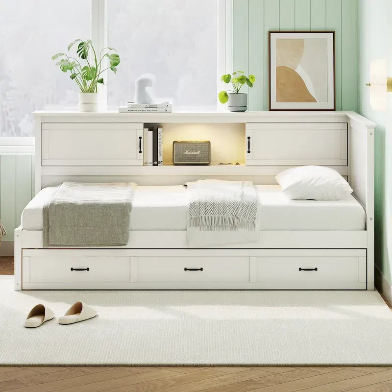 L-Shaped Bed Frame with 3 Drawers, Bookcase, LED Light and USB Charging Port